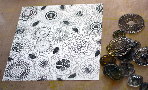 Rubber stamping and hand drawing by Peony and Parakeet, phase 1