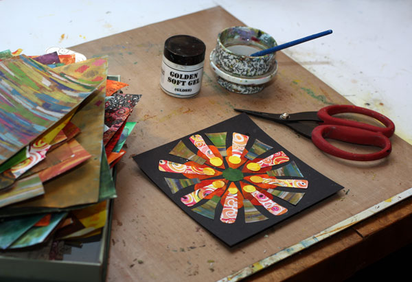 Creating collage mandalas from hand cut papers, by Peony and Parakeet