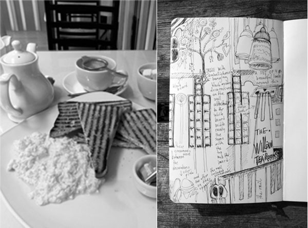 Eating breakfast at Willow Tea Rooms and art journal page about the designs of Charles Rennie Mackintosh, by Peony and Parakeet