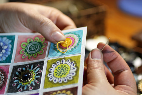 Adding buttons to a stamped sampler, sampler ideas by Peony and Parakeet