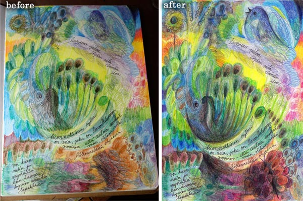 Four easy techniques to express yourself with colored pencils by Peony and Parakeet : before and after final touches