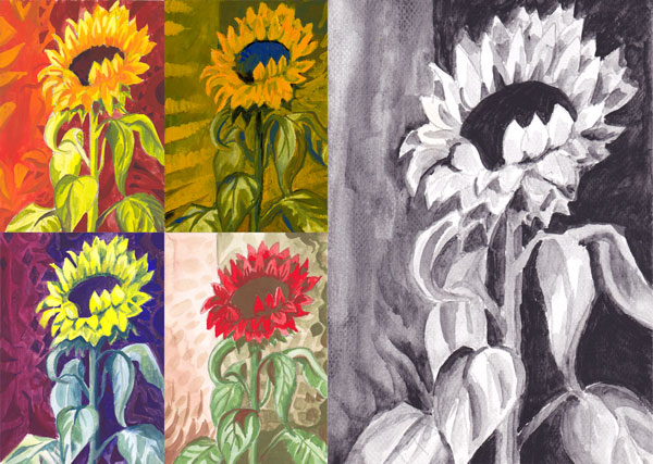 Watercolor sunflowers in various color schemes. By Peony and Parakeet.