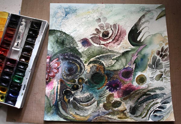 Making of a mixed media collage by Peony and Parakeet. Read more about using fiber paste and watercolors.