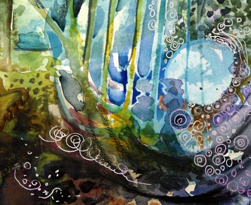 A detail of a watercolor painting by Peony and Parakeet