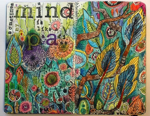 My mind is like a paradise, an art Journal page spread by Peony and Parakeet