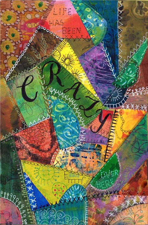 An art journal page inspired by crazy quilting by Peony and Parakeet. A workshop about needlework inspired art journaling is available as a part of 21 Secrets Spring 2015 online course.