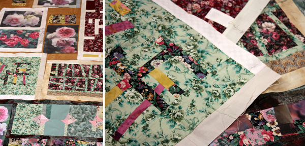 Unfinished quilt project with printed rose photos, by Peony and Parakeet