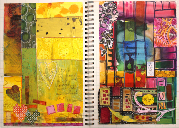 Art journal pages inspired by modern quilting and embroidery, by Peony and Parakeet