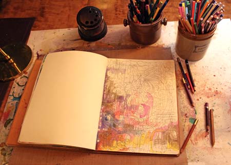 Creating a drawing on an art journal, by Peony and Parakeet