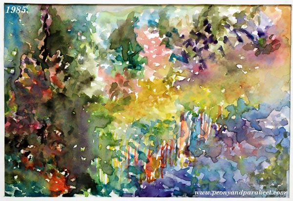 A forest by the lake, a watercolor painting by Paivi Eerola from Peony and Parakeet, in the age of 16