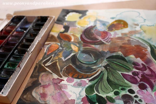 Creating a mixed media painting by Peony and Parakeet