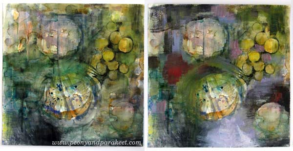 Creating a mixed media painting, by Peony and Parakeet