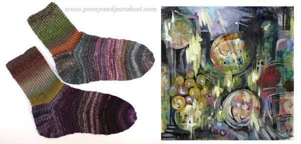 Handmade socks and mixed media painting share the same color scheme, by Peony and Parakeet