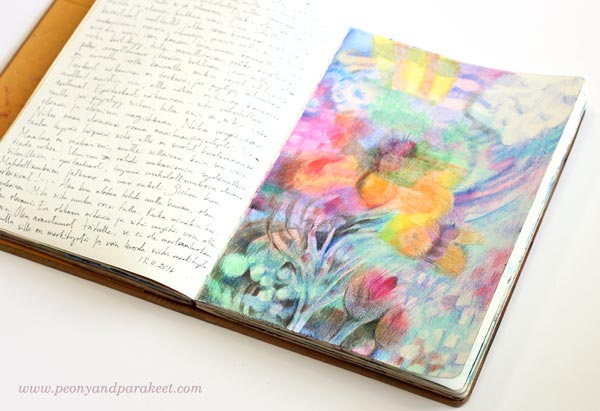 Art journal page spread by Peony and Parakeet. Colored freely with colored pencils.