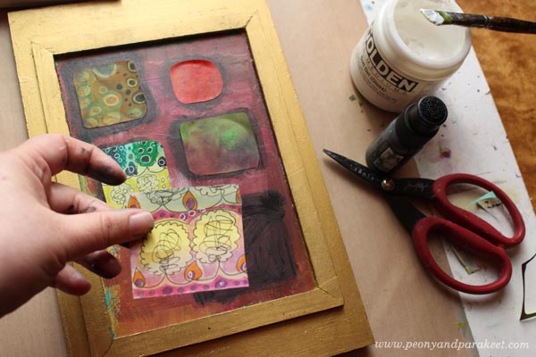 Decorating a box with collage pieces by Peony and Parakeet