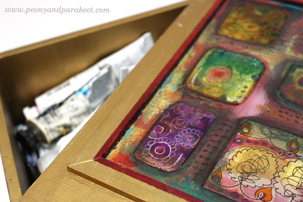 Decorated a box with collage pieces by Peony and Parakeet