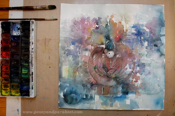 Watercolor painting in progress. By Peony and Parakeet.