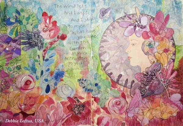 Debbie Loftus, USA, a handdrawn collage created at the art journaling class Doodled Luxury