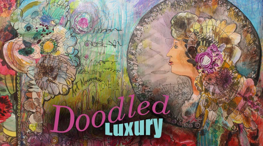 Doodled Luxury, a mixed media art class inspired by Alphonse Mucha, by Peony and Parakeet