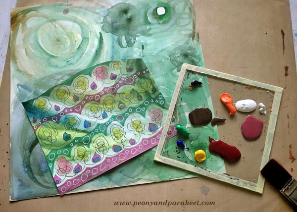 Creating a mixed media painting using hand-decorated paper. By Peony and Parakeet.