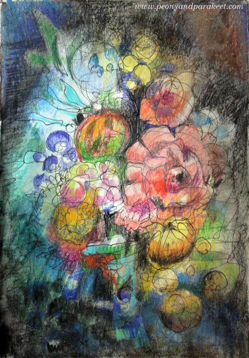 Intuitive mixed media drawing inspired by old still life paintings. By Paivi Eerola from Peony and Parakeet.
