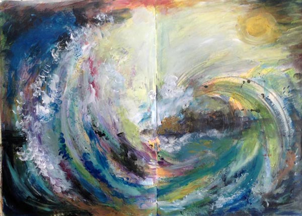 Claudia Watkins, UK. One of the mixed media seascapes from Peony and Parakeet's class Stormy Scenery. 