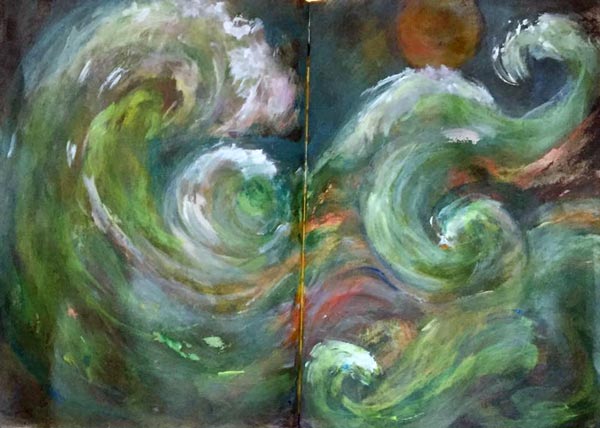 Lorraine Cline, USA. One of the mixed media seascapes from Peony and Parakeet's class Stormy Scenery. 