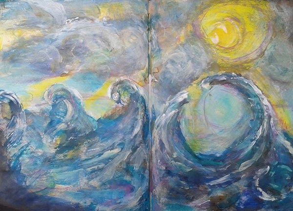 Susan Rajkumar, India. One of the mixed media seascapes from Peony and Parakeet's class Stormy Scenery. 