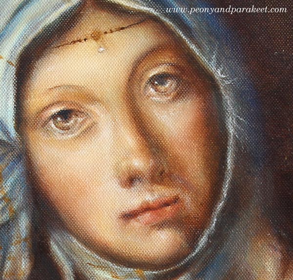 A detail of Gypsy Madonna, an oil painting by Paivi Eerola from Peony and Parakeet, combining two Renaissance paintings into one