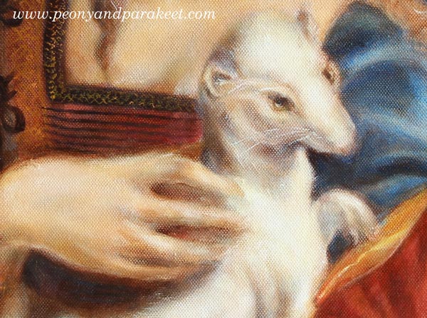 A detail of a Gypsy Madonna, an oil painting by Paivi Eerola from Peony and Parakeet, combining two Renaissance paintings into one