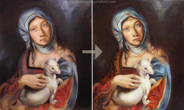 Making of a Gypsy Madonna using old masters painting techniques, finishing, by Paivi Eerola from Peony and Parakeet