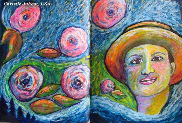 Vincent van Gogh inspiration by Christie Juhasz, USA. An art journal page spread made from the mini-course Selfie Fantasy by Peony and Parakeet.