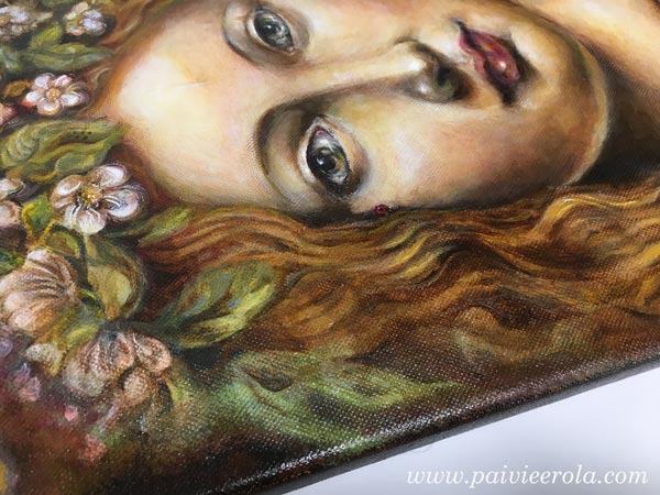 Original art. A detail of an acrylic painting by Paivi Eerola from Peony and Parakeet.