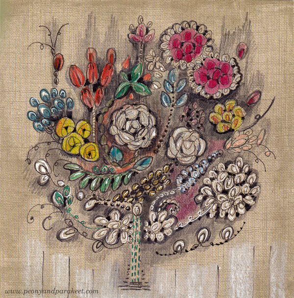 Embroidered Ornament, colored pencils on scrapbook paper by Paivi Eerola from Peony and Parakeet