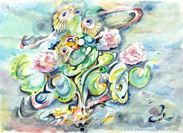 Loose Rococo, a watercolor painting by Paivi Eerola from Peony and Parakeet