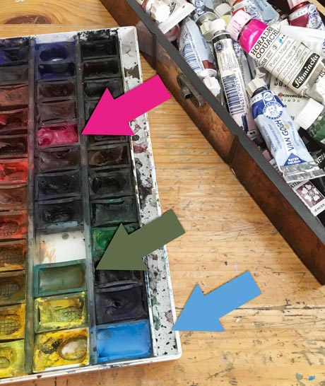 Filling watercolor pans with tube paint. By Paivi Eerola from Peony and Parakeet. Read about her approach to minimalism!