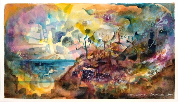 Resort of Imagination. A watercolor painting by Paivi Eerola from Peony and Parakeet. See her class Watercolor Journey for expressive watercolor techniques!