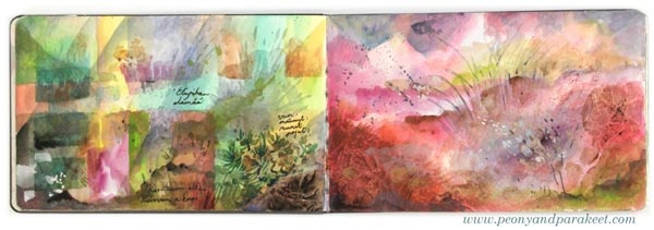 Watercolor art journal spread by Paivi Eerola from Peony and Parakeet. See her watercolor diary for more ideas!