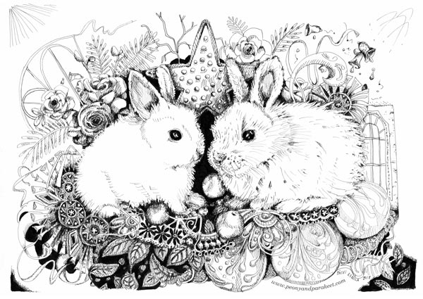 Christmas Bunnies. A drawing by Paivi Eerola from Peony and Parakeet