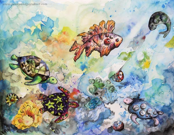 Watercolor collage art by Paivi Eerola from Peony and Parakeet. A sample project from her class Animal Inkdom.