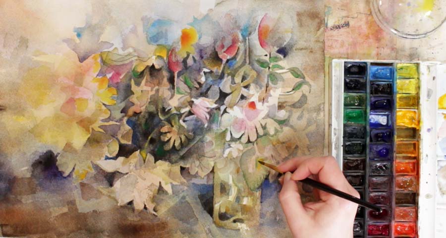 Paivi Eerola painting a floral still life with watercolors. Check out her class Floral Fantasies in Three Styles.