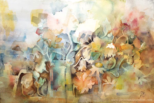 "Morning" - a floral watercolor painting by Paivi Eerola from Peony and Parakeet