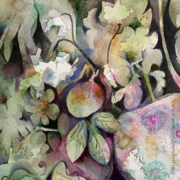 A detail of a watercolor painting by Paivi Eerola from Peony and Parakeet. Her visual style is shown in the details.