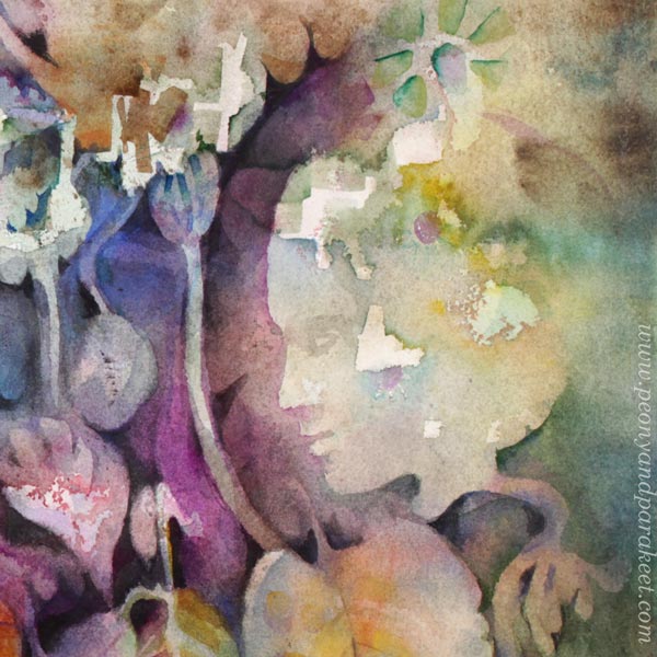 A detail of a watercolor painting by Paivi Eerola from Peony and Parakeet.