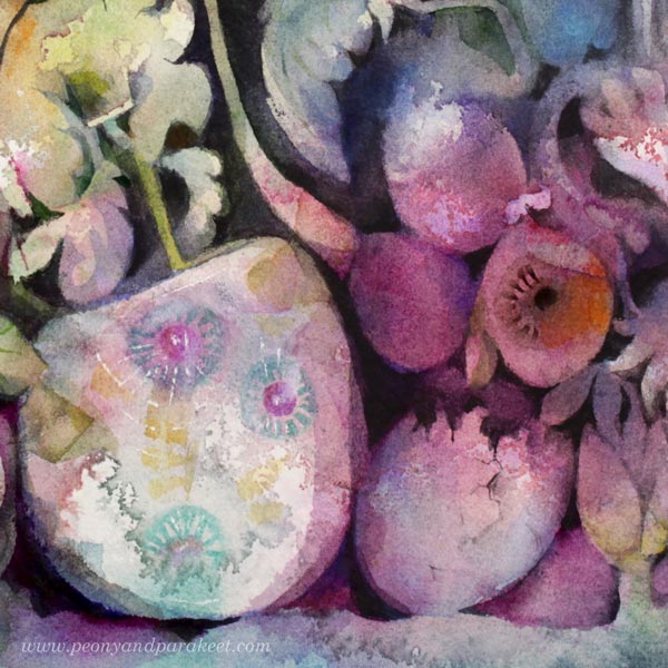 A detail of a watercolor painting by Paivi Eerola from Peony and Parakeet.