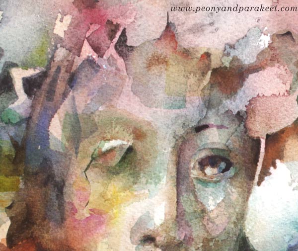 A detail of a watercolor painting by Paivi Eerola of Peony and Parakeet.