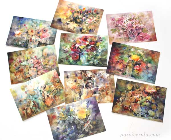 Watercolor floral art postcards by Paivi Eerola from Finland.