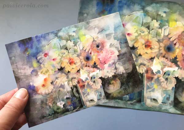 Making postcards of your art. A watercolor painting as a postcard. Art by Paivi Eerola from Finland.