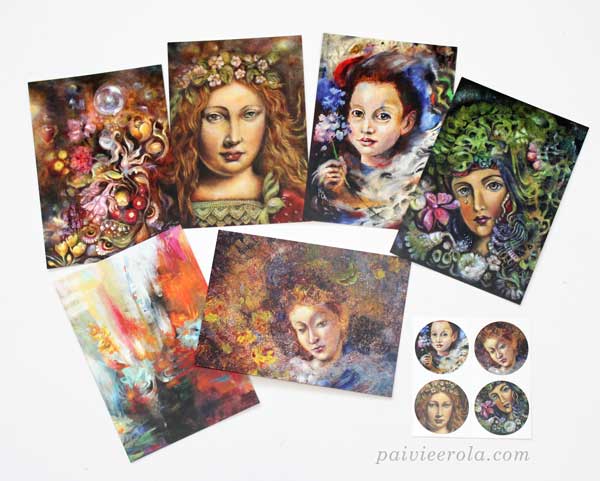 Paintings printed to postcards and stickers. Art by Paivi Eerola from Finland.