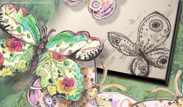 Butterflies. Small drawings by Paivi Eerola of Peony and Parakeet.